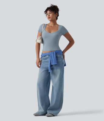 Ribbed Knit Queen Anne Neck Built-in Bra Short Sleeve Casual T-Shirt