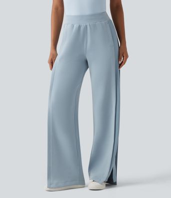SpacerTek™ High Waisted Inner Drawstring Contrast Ribbed Split Casual Wide Leg Trousers with Pockets