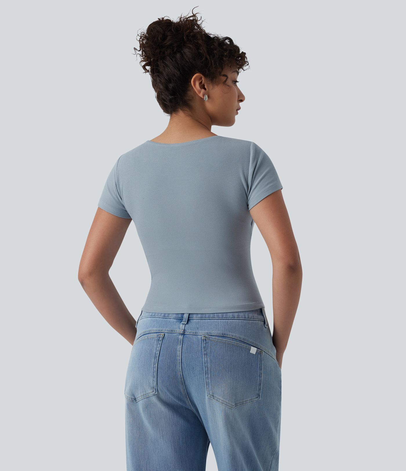 Ribbed Knit Queen Anne Neck Built-in Bra Short Sleeve Casual T-Shirt