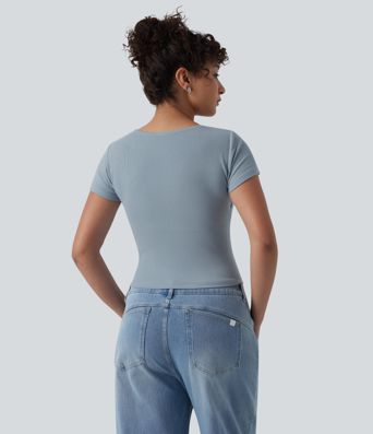 Ribbed Knit Queen Anne Neck Built-in Bra Short Sleeve Casual T-Shirt