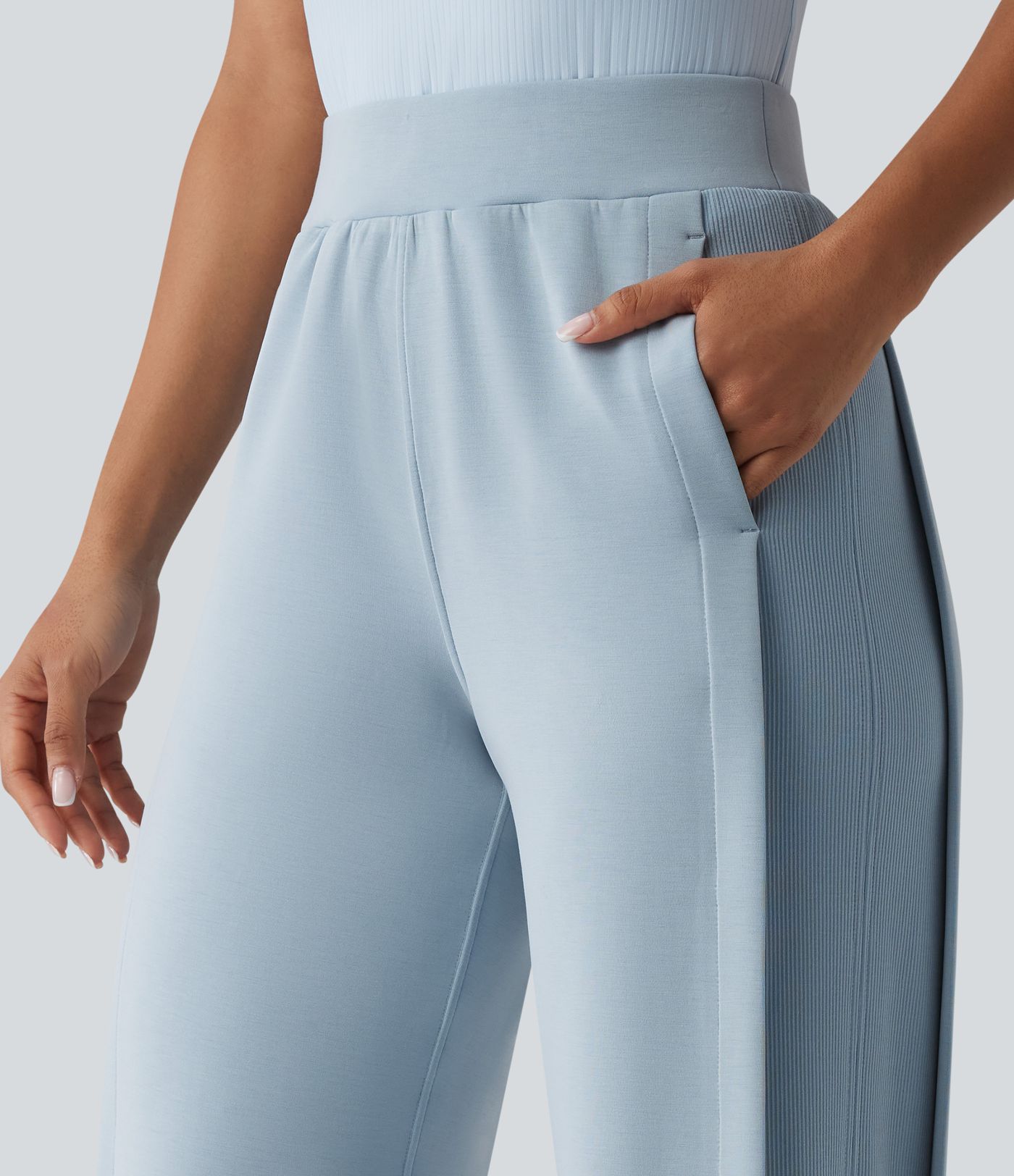 SpacerTek™ High Waisted Inner Drawstring Contrast Ribbed Split Casual Wide Leg Trousers with Pockets