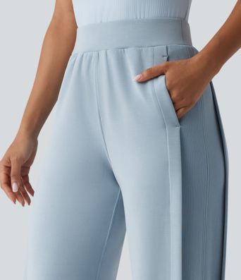 SpacerTek™ High Waisted Inner Drawstring Contrast Ribbed Split Casual Wide Leg Trousers with Pockets