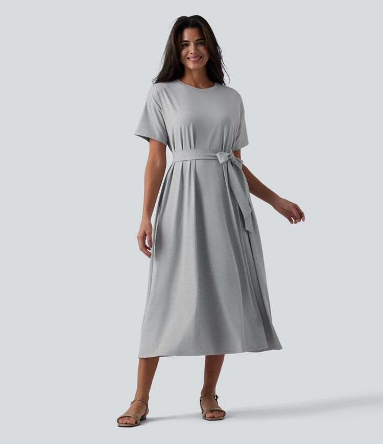 Round Neck Short Sleeve Belted Midi Flowy Casual T-Shirt Dress with Pockets