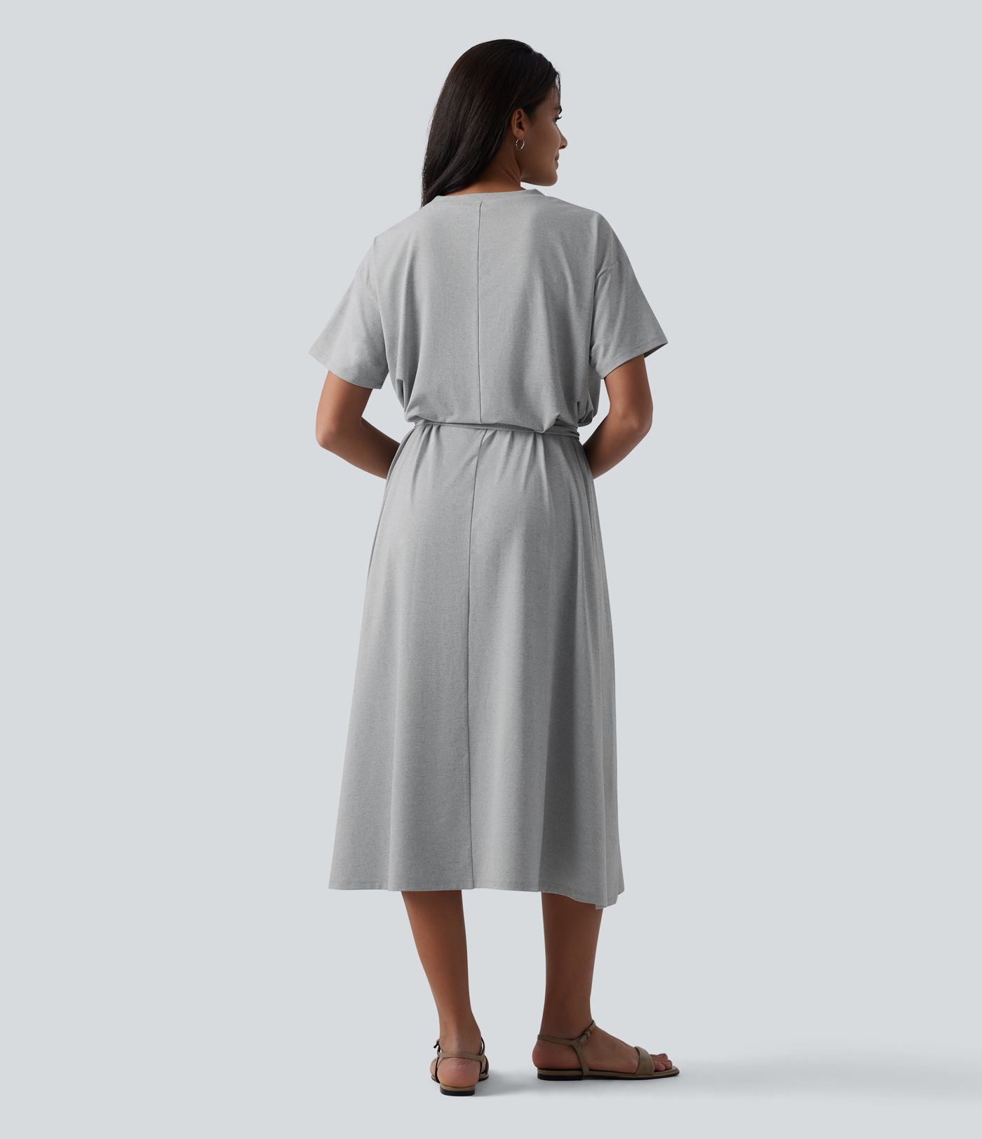 Round Neck Short Sleeve Belted Midi Flowy Casual T-Shirt Dress with Pockets