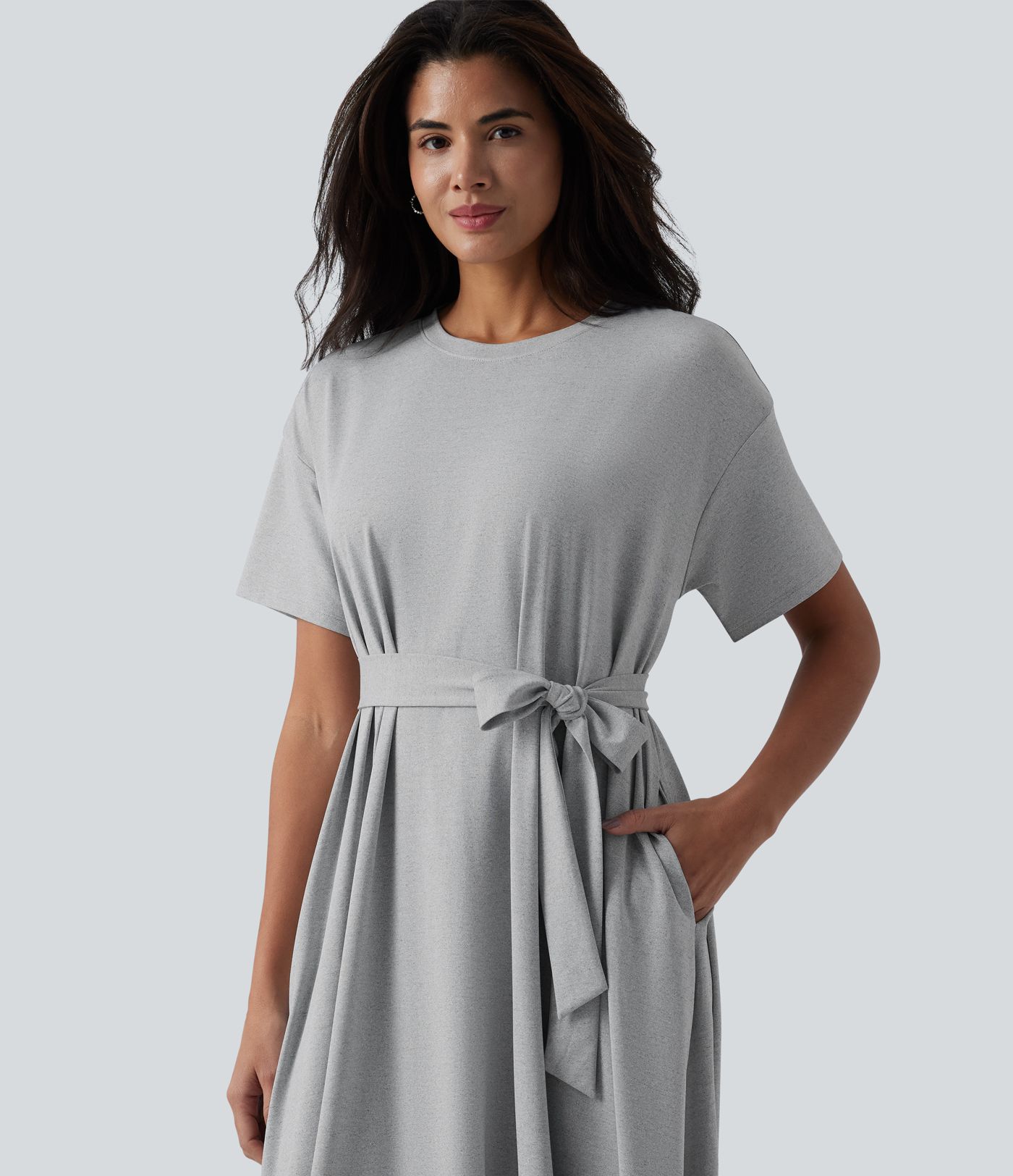 Round Neck Short Sleeve Belted Midi Flowy Casual T-Shirt Dress with Pockets