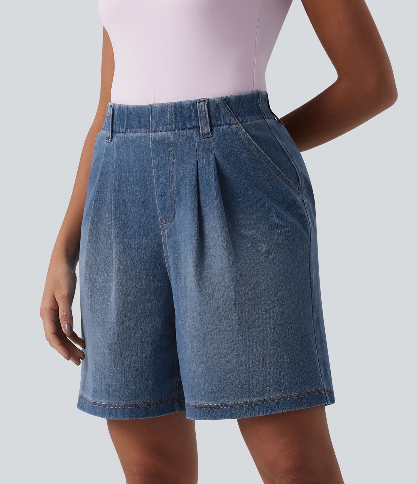 Halara Flex™ High Waisted Pleated Denim Casual Baggy Shorts with Pockets