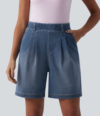 Halara Flex™ High Waisted Pleated Denim Casual Baggy Shorts with Pockets
