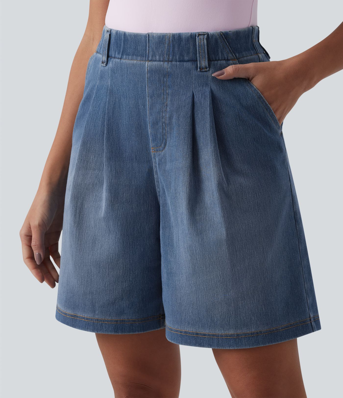 Halara Flex™ High Waisted Pleated Denim Casual Baggy Shorts with Pockets