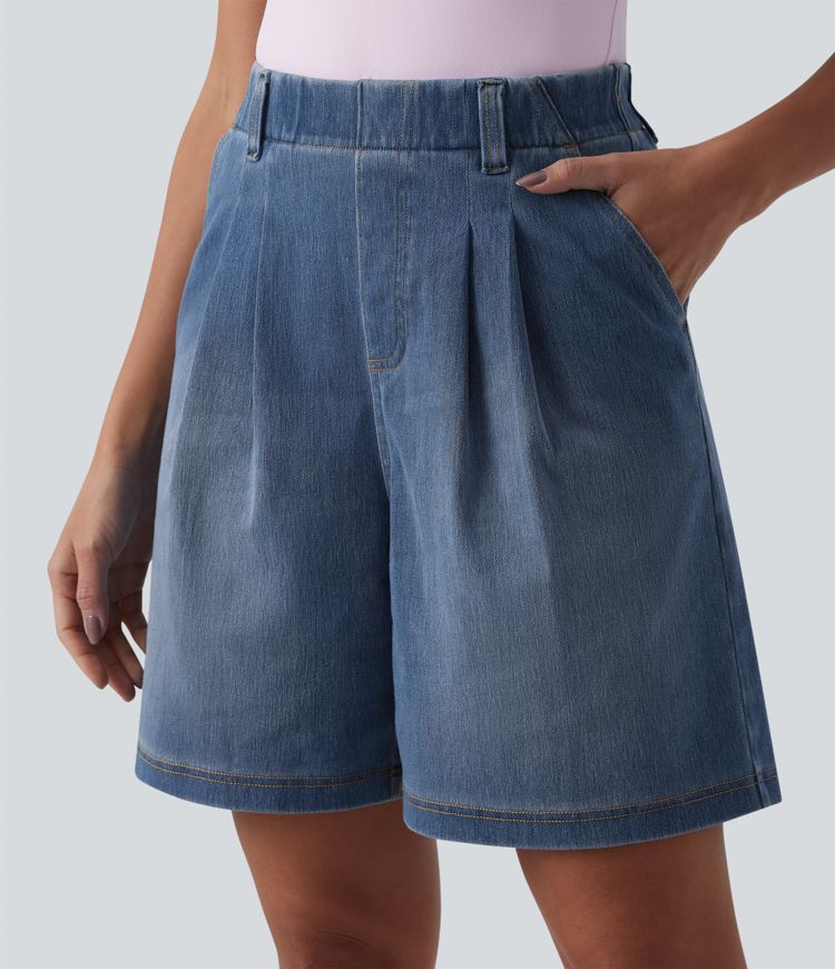 Halara Flex™ High Waisted Pleated Denim Casual Baggy Shorts with Pockets