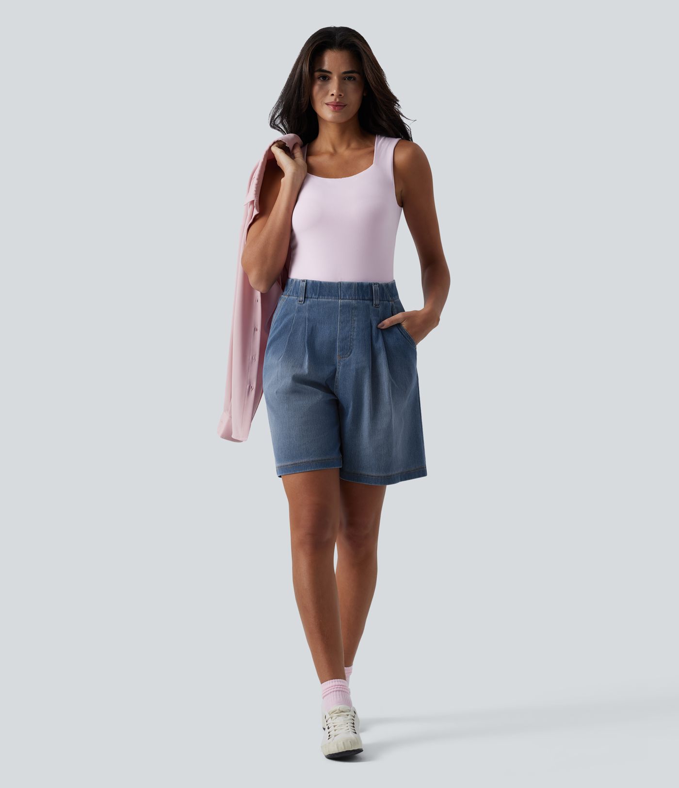 Halara Flex™ High Waisted Pleated Denim Casual Baggy Shorts with Pockets