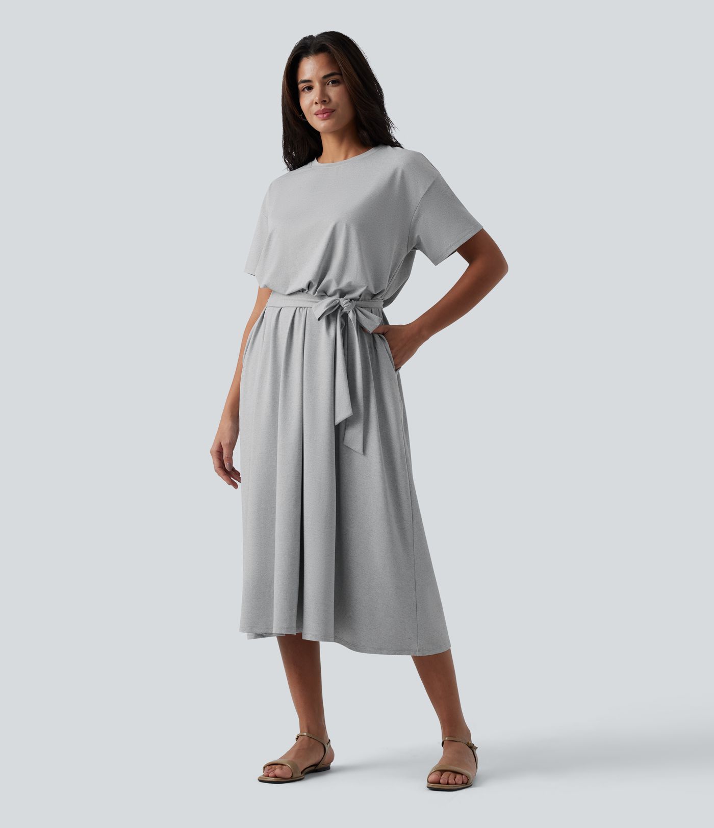 Round Neck Short Sleeve Belted Midi Flowy Casual T-Shirt Dress with Pockets