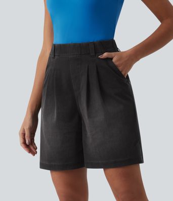 Halara Flex™ - Lässige, plissierte Baggy-Shorts aus Denim mit hohem Bund und mehreren Taschen