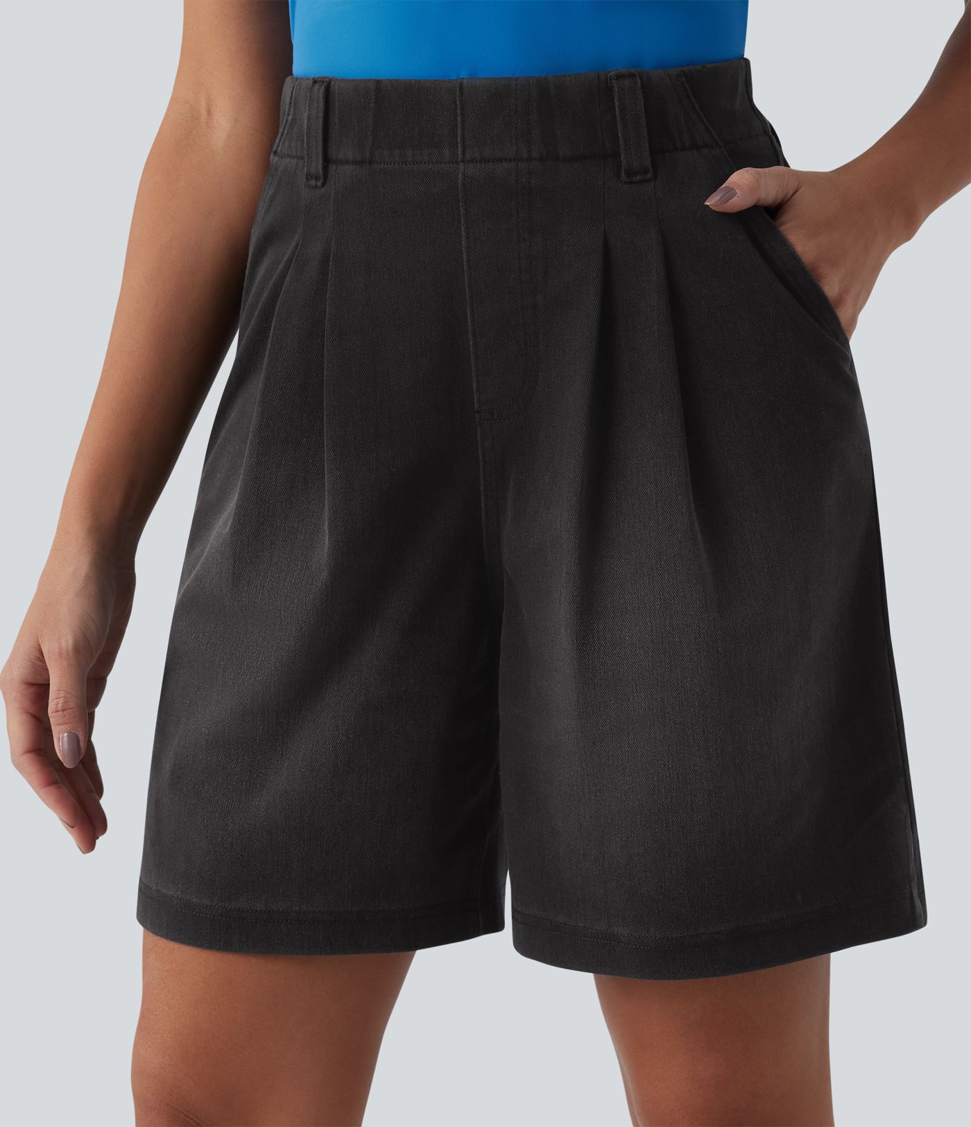 Halara Flex™ - Lässige, plissierte Baggy-Shorts aus Denim mit hohem Bund und mehreren Taschen