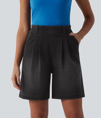 Halara Flex™ - Lässige, plissierte Baggy-Shorts aus Denim mit hohem Bund und mehreren Taschen