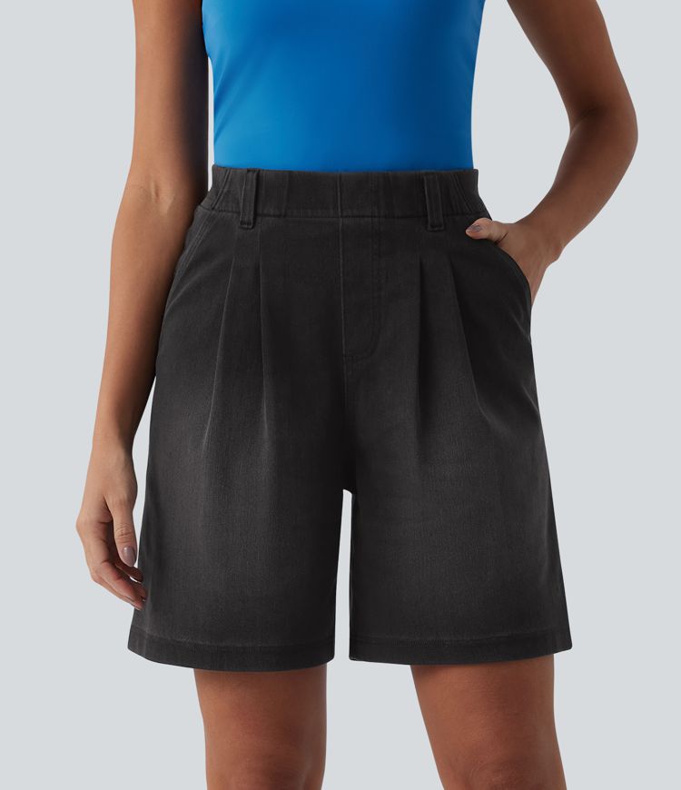 Halara Flex™ - Lässige, plissierte Baggy-Shorts aus Denim mit hohem Bund und mehreren Taschen