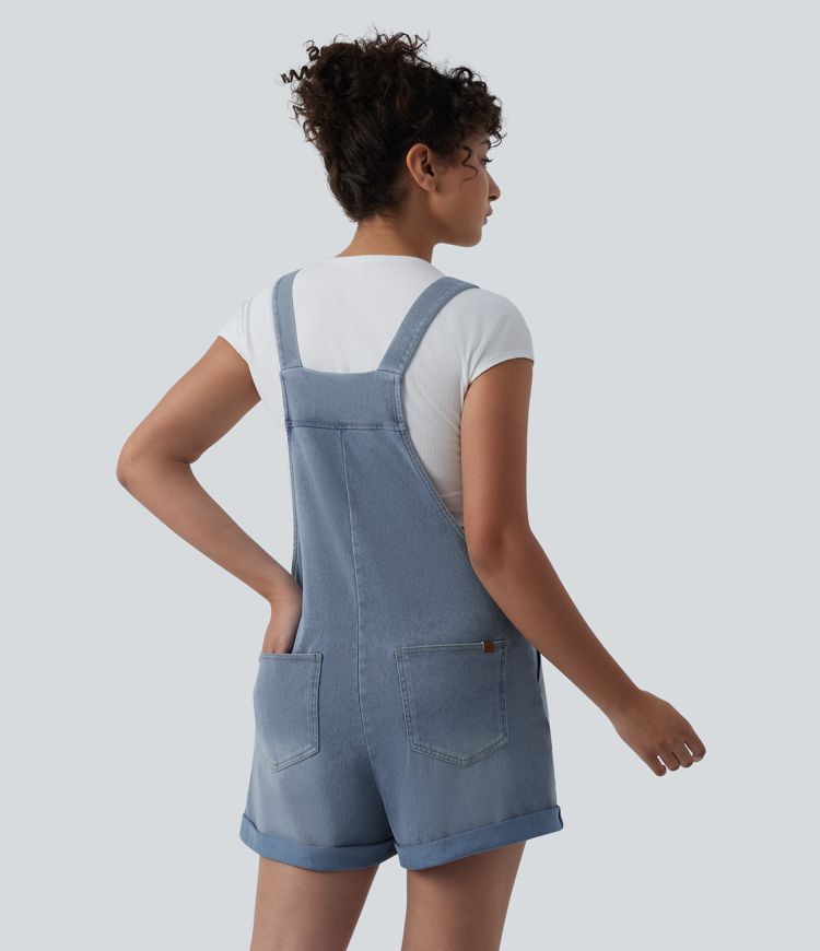 Halara Flex™ Denim Overalls with Square Neck, Rolled Hem, and Pockets