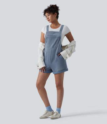 Halara Flex™ Denim Overalls with Square Neck, Rolled Hem, and Pockets