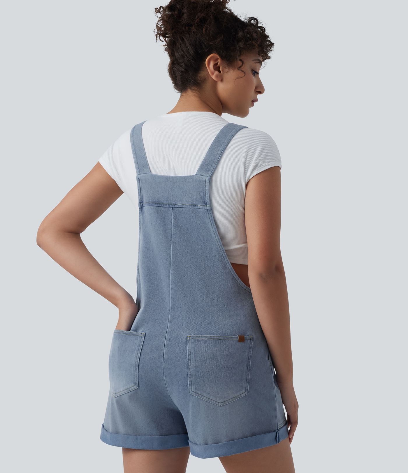 Halara Flex™ Denim Overalls with Square Neck, Rolled Hem, and Pockets