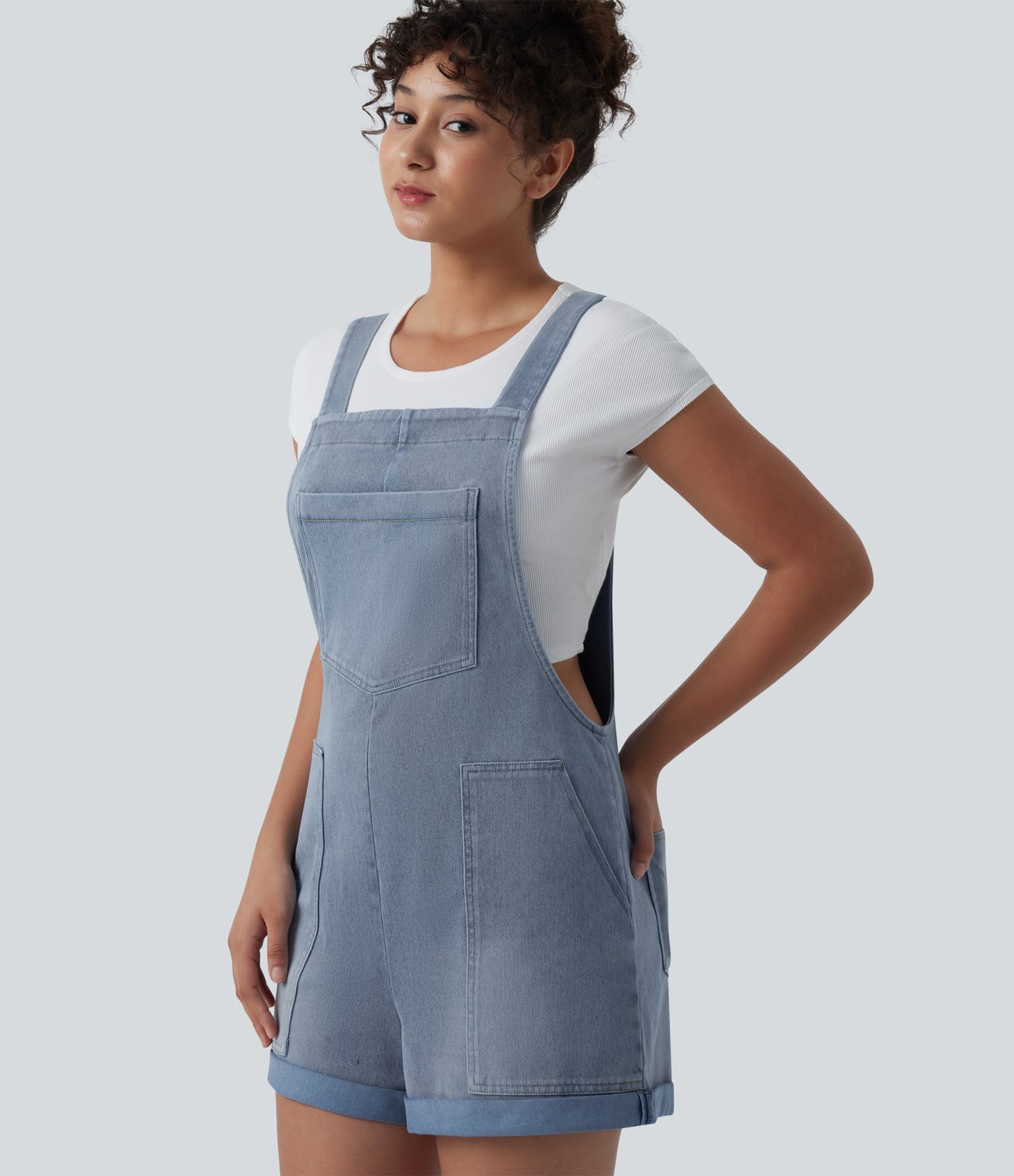 Halara Flex™ Denim Overalls with Square Neck, Rolled Hem, and Pockets