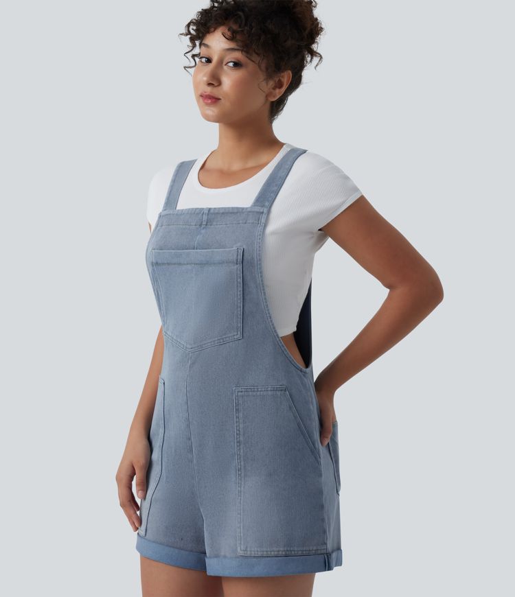 Halara Flex™ Denim Overalls with Square Neck, Rolled Hem, and Pockets