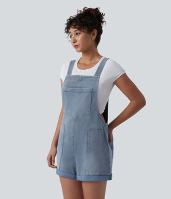 Halara Flex™ Denim Overalls with Square Neck, Rolled Hem, and Pockets
