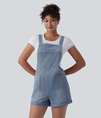 Halara Flex™ Denim Overalls with Square Neck, Rolled Hem, and Pockets