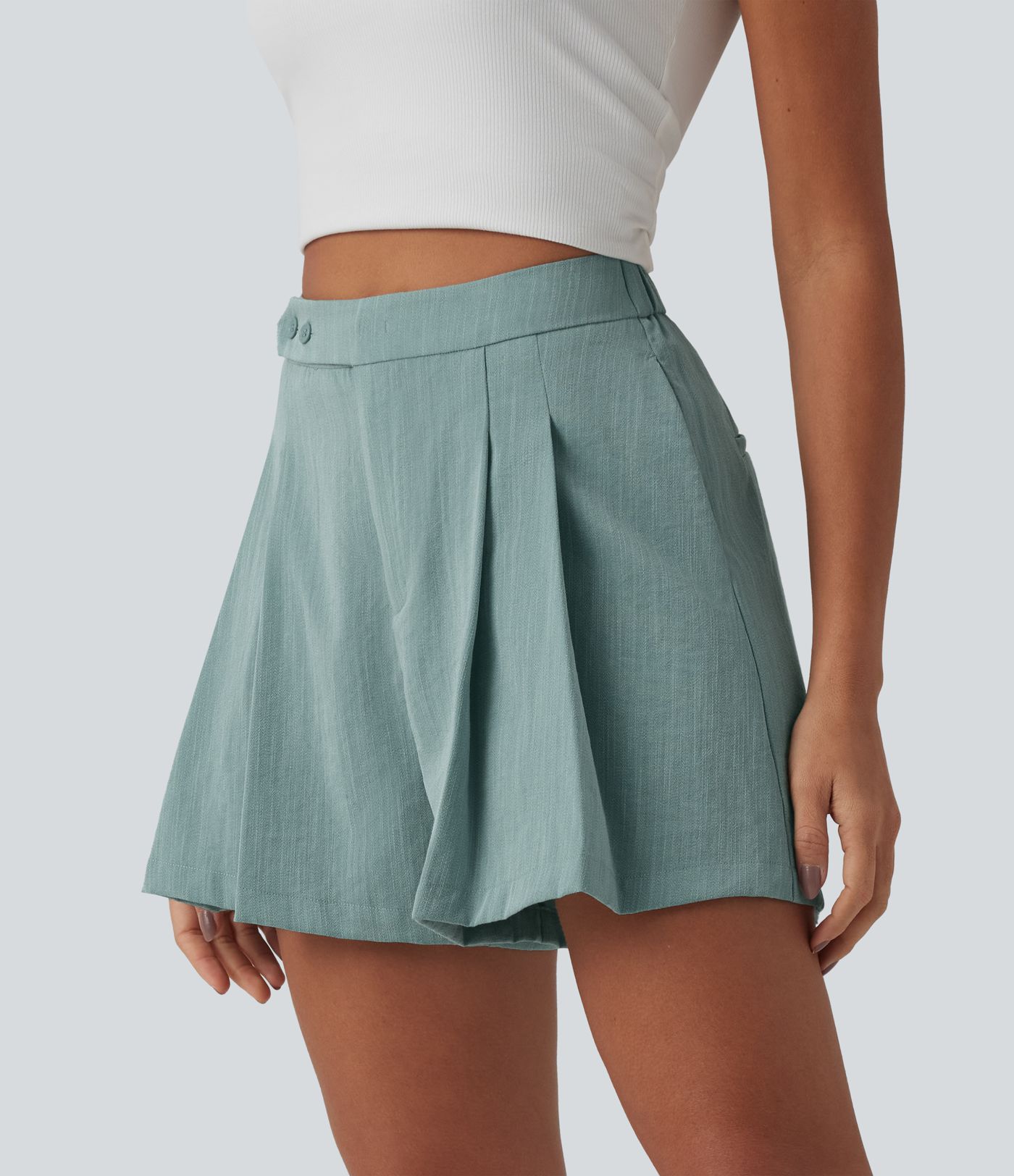 Lässige, plissierte Hose in Leinenoptik mit hohem Bund und Seitentaschen - 12,7cm