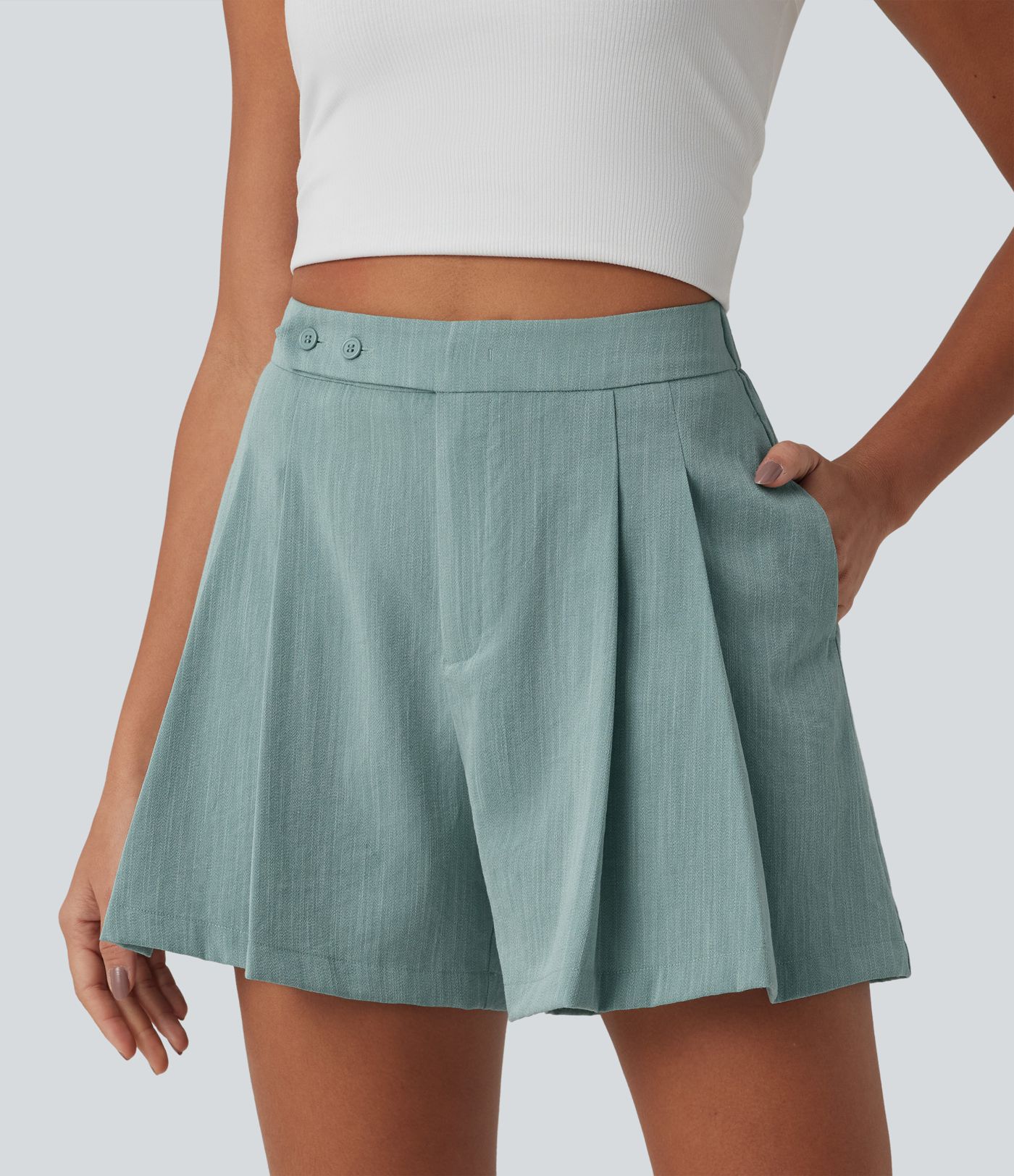 Lässige, plissierte Hose in Leinenoptik mit hohem Bund und Seitentaschen - 12,7cm