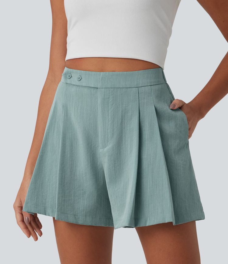 Lässige, plissierte Hose in Leinenoptik mit hohem Bund und Seitentaschen - 12,7cm