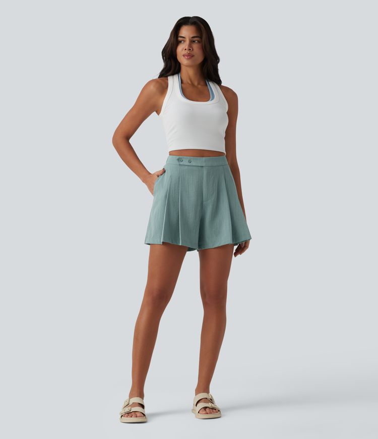 Lässige, plissierte Hose in Leinenoptik mit hohem Bund und Seitentaschen - 12,7cm