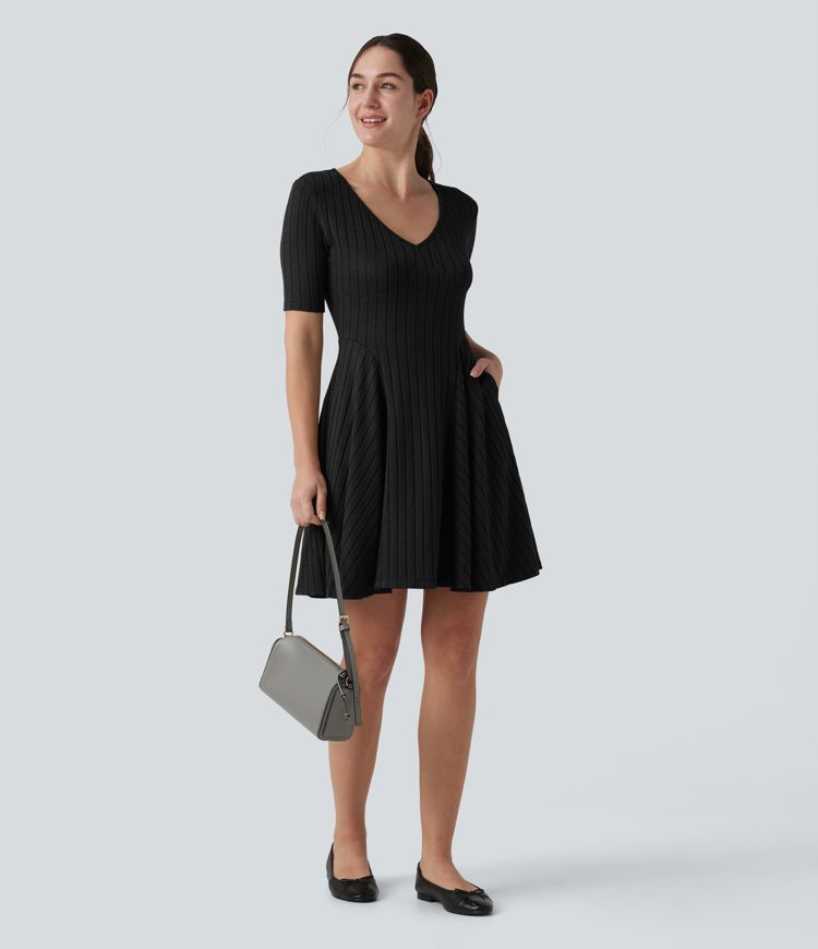 Ribbed Knit V Neck Short Sleeve Flare Mini Casual Dress with Pockets