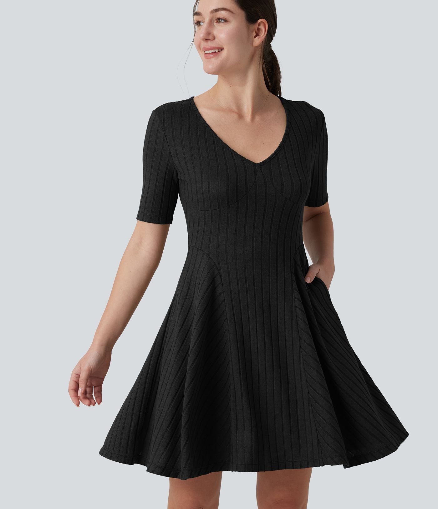 Ribbed Knit V Neck Short Sleeve Flare Mini Casual Dress with Pockets