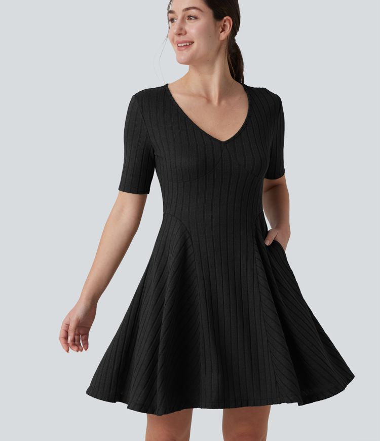 Ribbed Knit V Neck Short Sleeve Flare Mini Casual Dress with Pockets