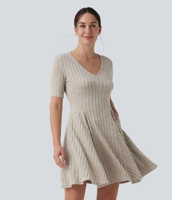 Ribbed Knit V Neck Short Sleeve Flare Mini Casual Dress with Pockets