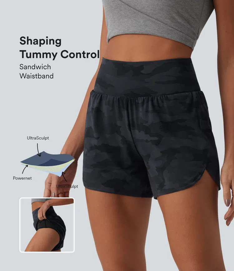 Halara UltraSculpt™ Camo Print High Waisted Tummy Control Curved Hem 2-in-1 Running Shorts 4" with Pocket