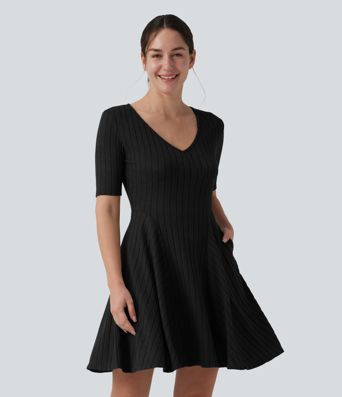 Ribbed Knit V Neck Short Sleeve Flare Mini Casual Dress with Pockets