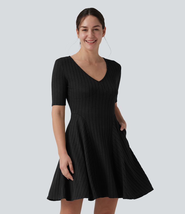 Ribbed Knit V Neck Short Sleeve Flare Mini Casual Dress with Pockets