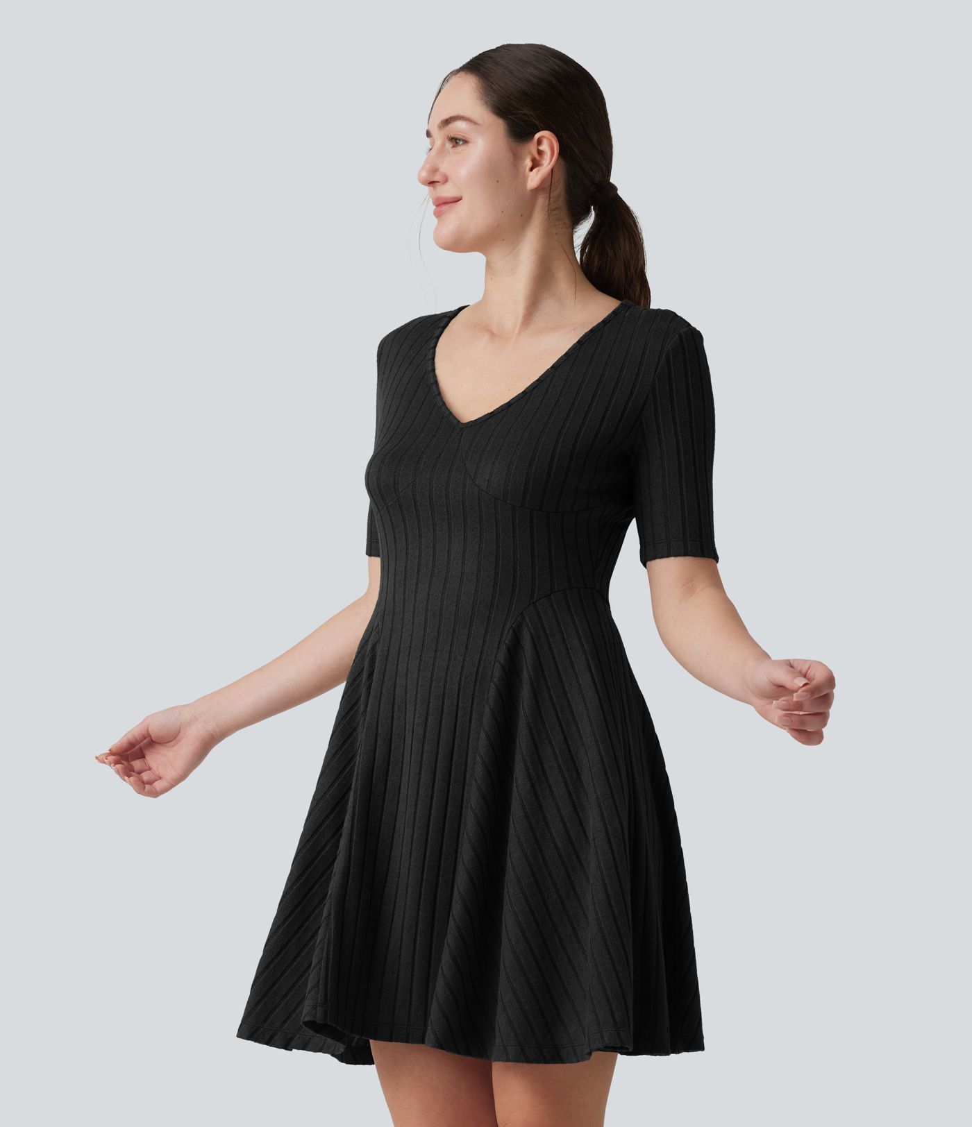 Ribbed Knit V Neck Short Sleeve Flare Mini Casual Dress with Pockets