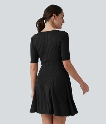 Ribbed Knit V Neck Short Sleeve Flare Mini Casual Dress with Pockets