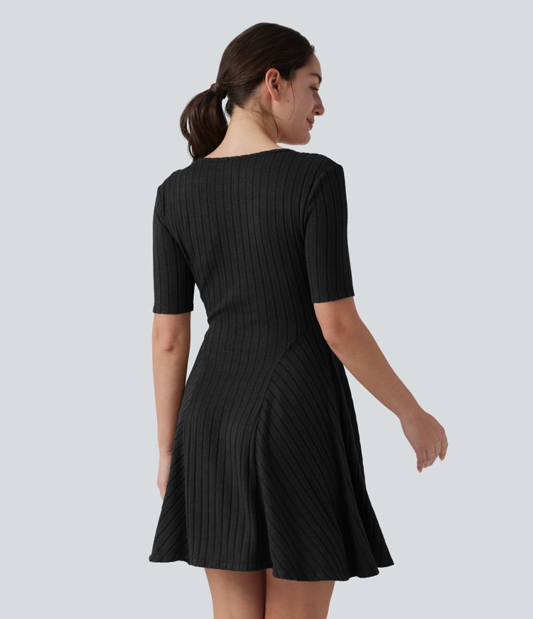 Ribbed Knit V Neck Short Sleeve Flare Mini Casual Dress with Pockets