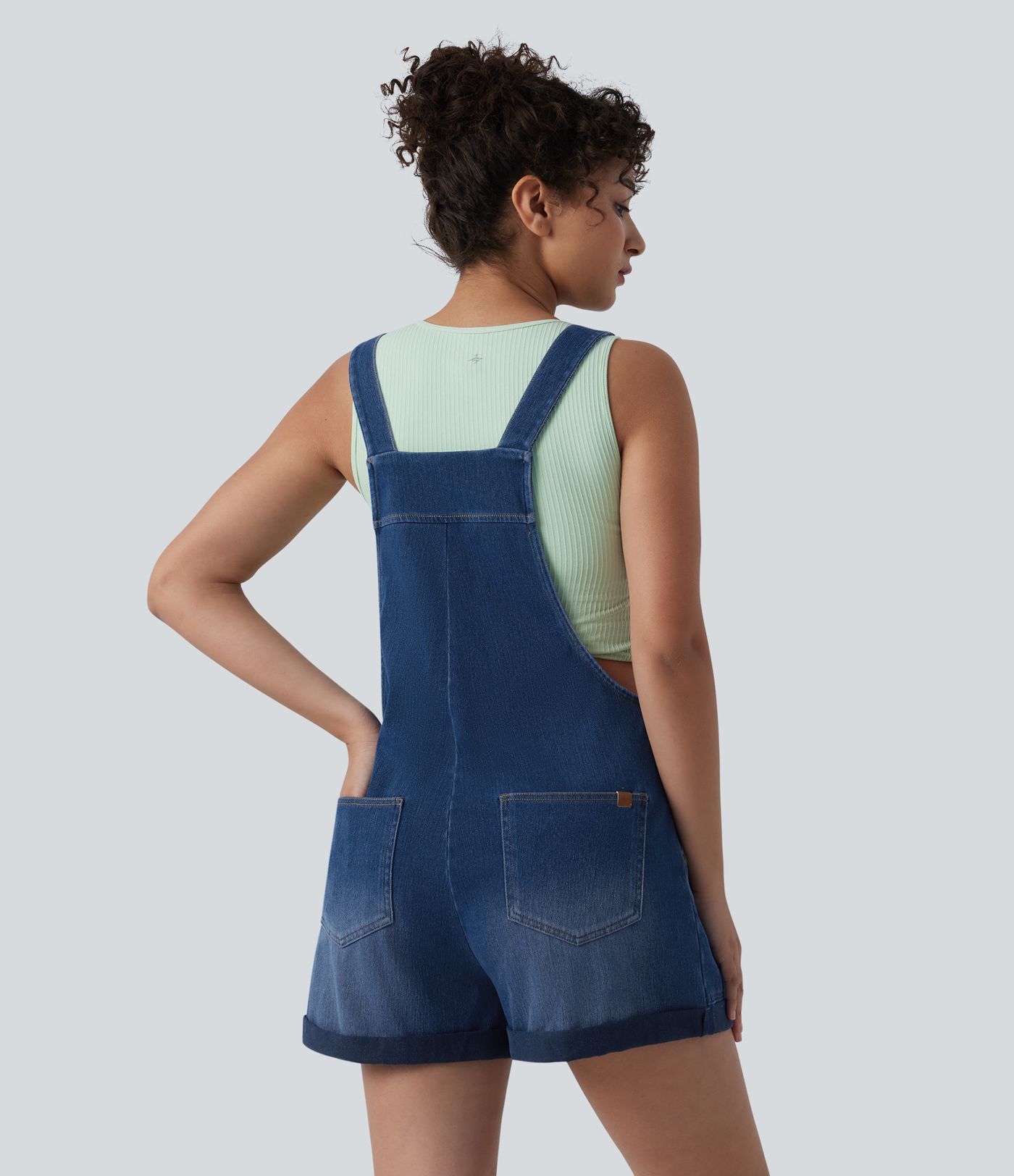 Halara Flex™ Square Neck Rolled Hem Denim Casual Short Overalls with Pockets