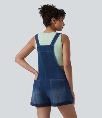 Halara Flex™ Square Neck Rolled Hem Denim Casual Short Overalls with Pockets