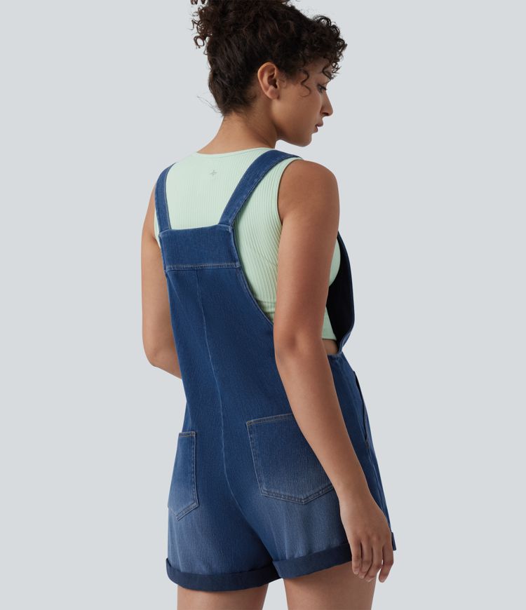 Halara Flex™ Square Neck Rolled Hem Denim Casual Short Overalls with Pockets