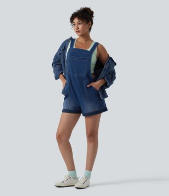 Halara Flex™ Square Neck Rolled Hem Denim Casual Short Overalls with Pockets
