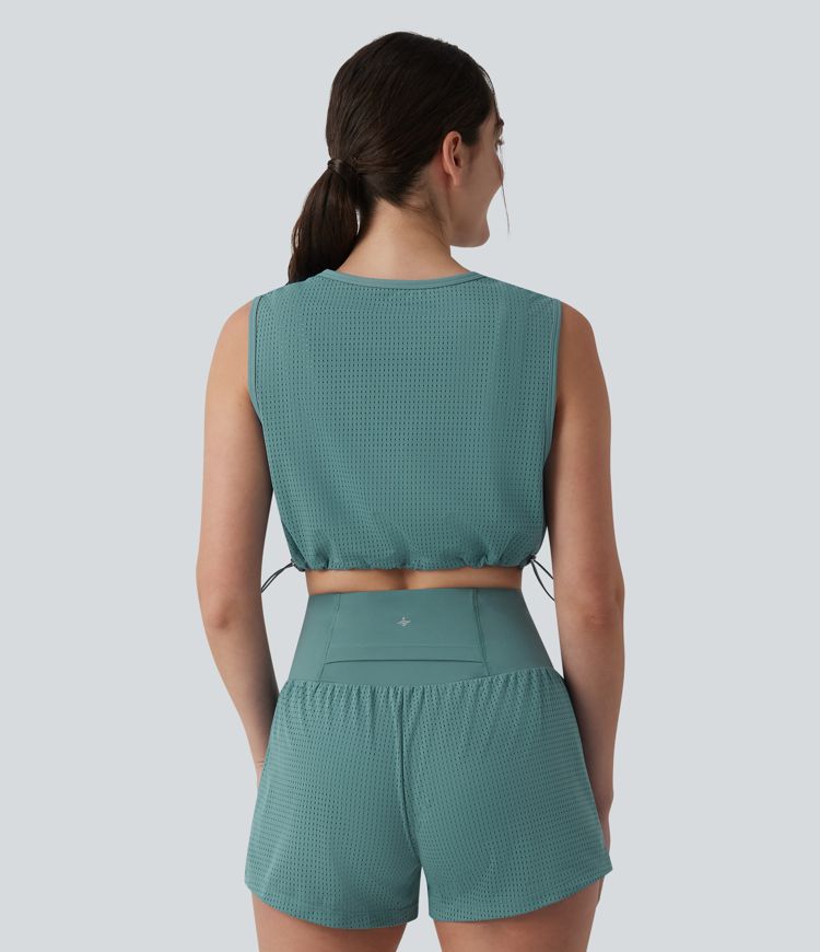 Kurzes Yoga-Tanktop mit Rundhalsausschnitt, Kordelzug und atmungsaktivem Netzgewebe