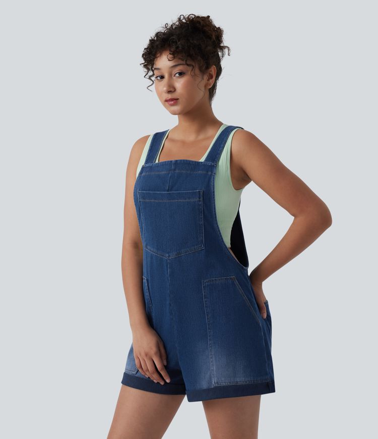 Halara Flex™ Square Neck Rolled Hem Denim Casual Short Overalls with Pockets