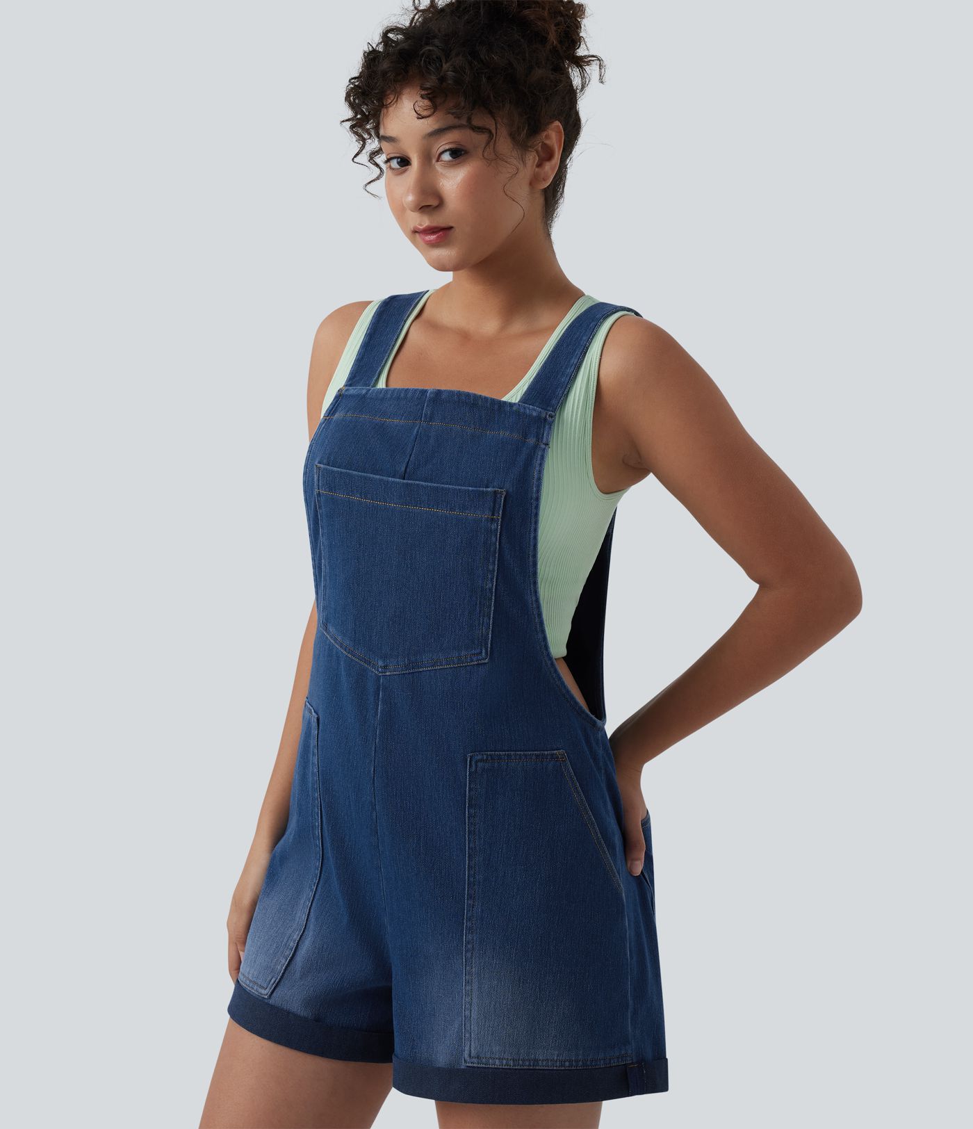 Halara Flex™ Square Neck Rolled Hem Denim Casual Short Overalls with Pockets