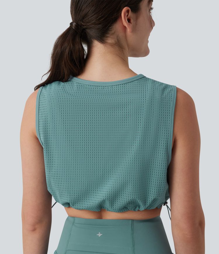 Kurzes Yoga-Tanktop mit Rundhalsausschnitt, Kordelzug und atmungsaktivem Netzgewebe