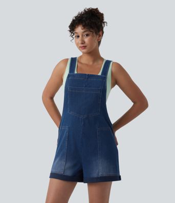 Halara Flex™ Square Neck Rolled Hem Denim Casual Short Overalls with Pockets