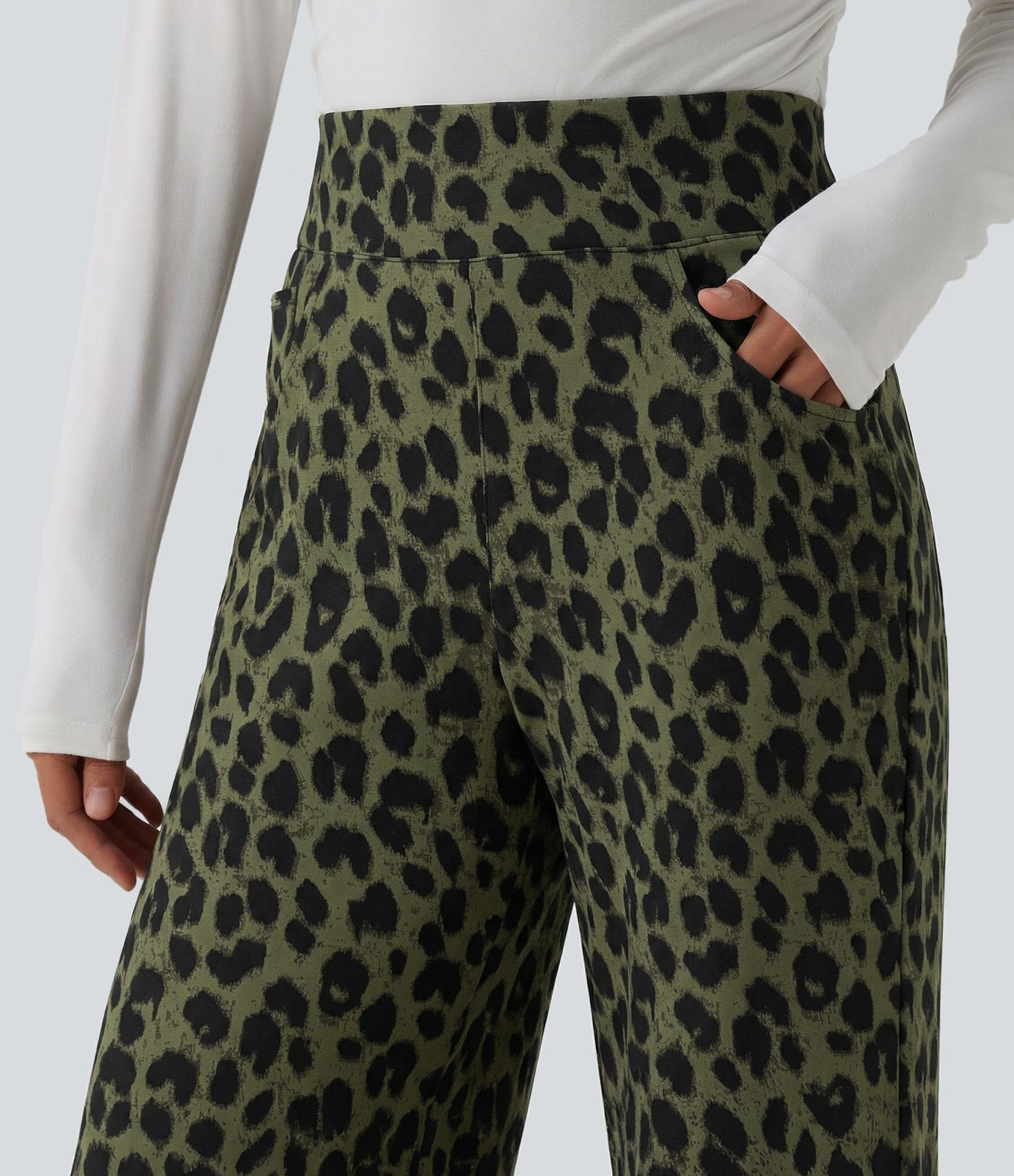 Pantalon large décontracté taille haute gaufré imprimé léopard avec poches Pantalon large décontracté taille haute gaufré imprimé léopard avec poches